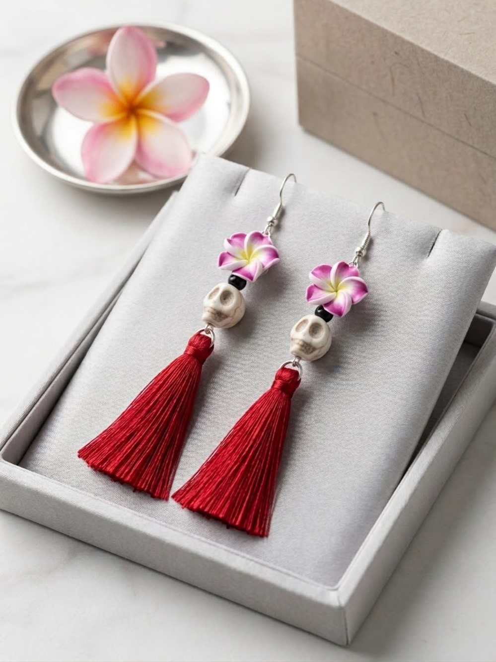 Bold Red Tassel Earrings with Pink Flower Accents